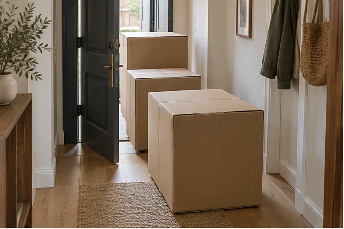compact cartons at an apartment entry